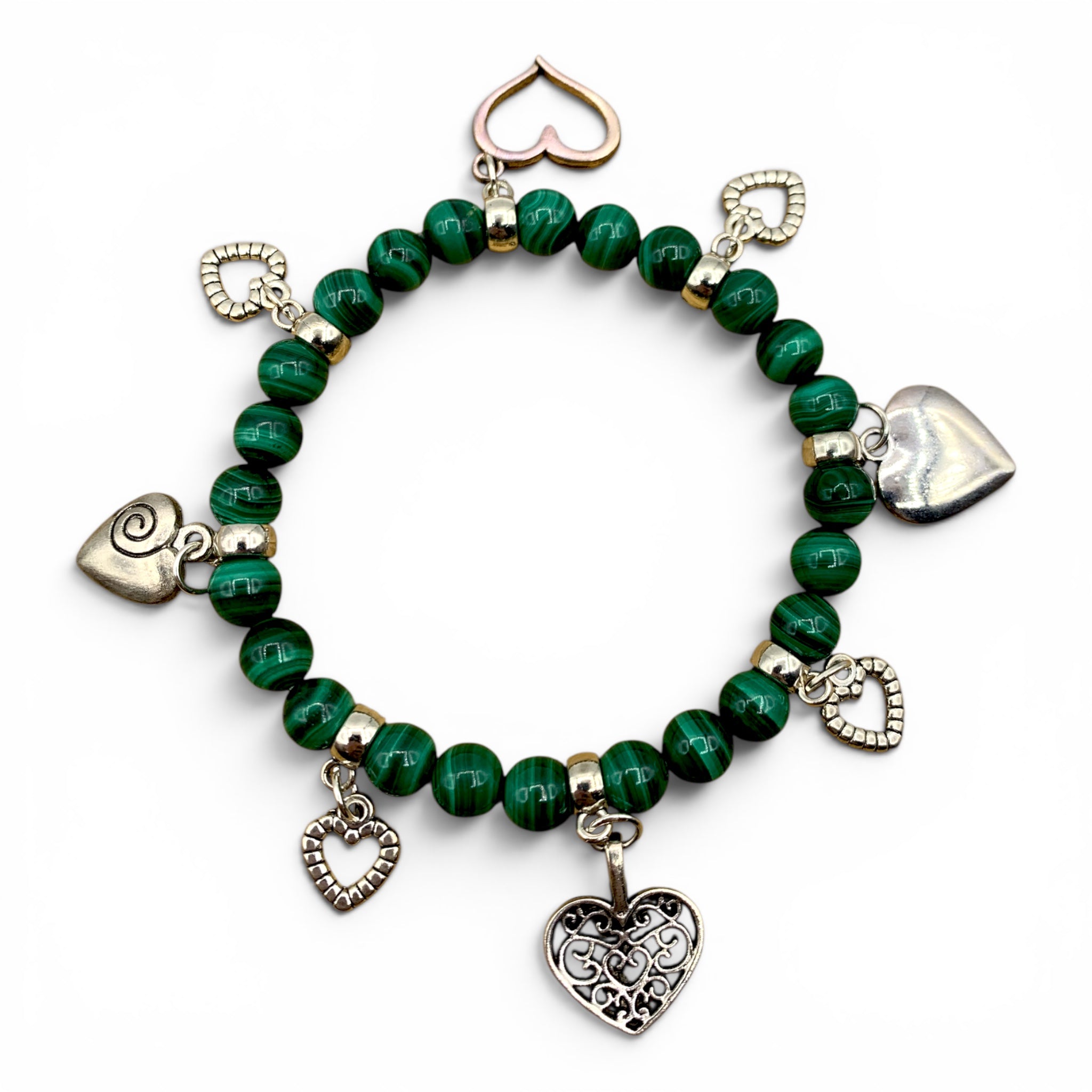 Bracelet - Malachite with Heart Charms